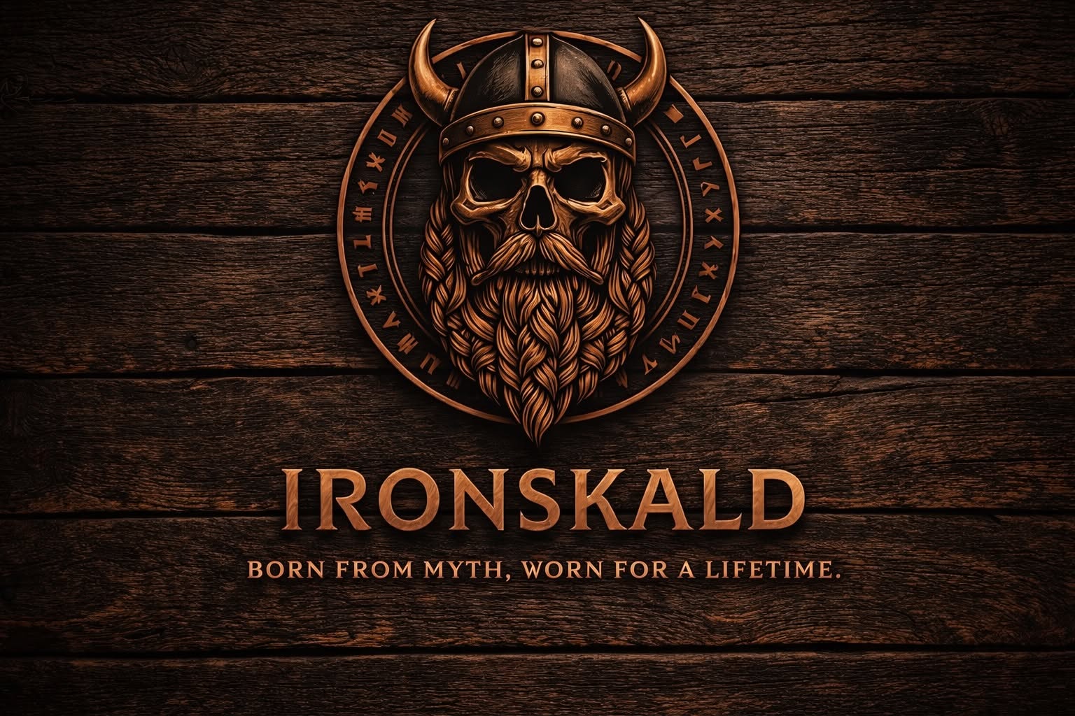 IRONSKALD crest in aged copper on carved dark timber